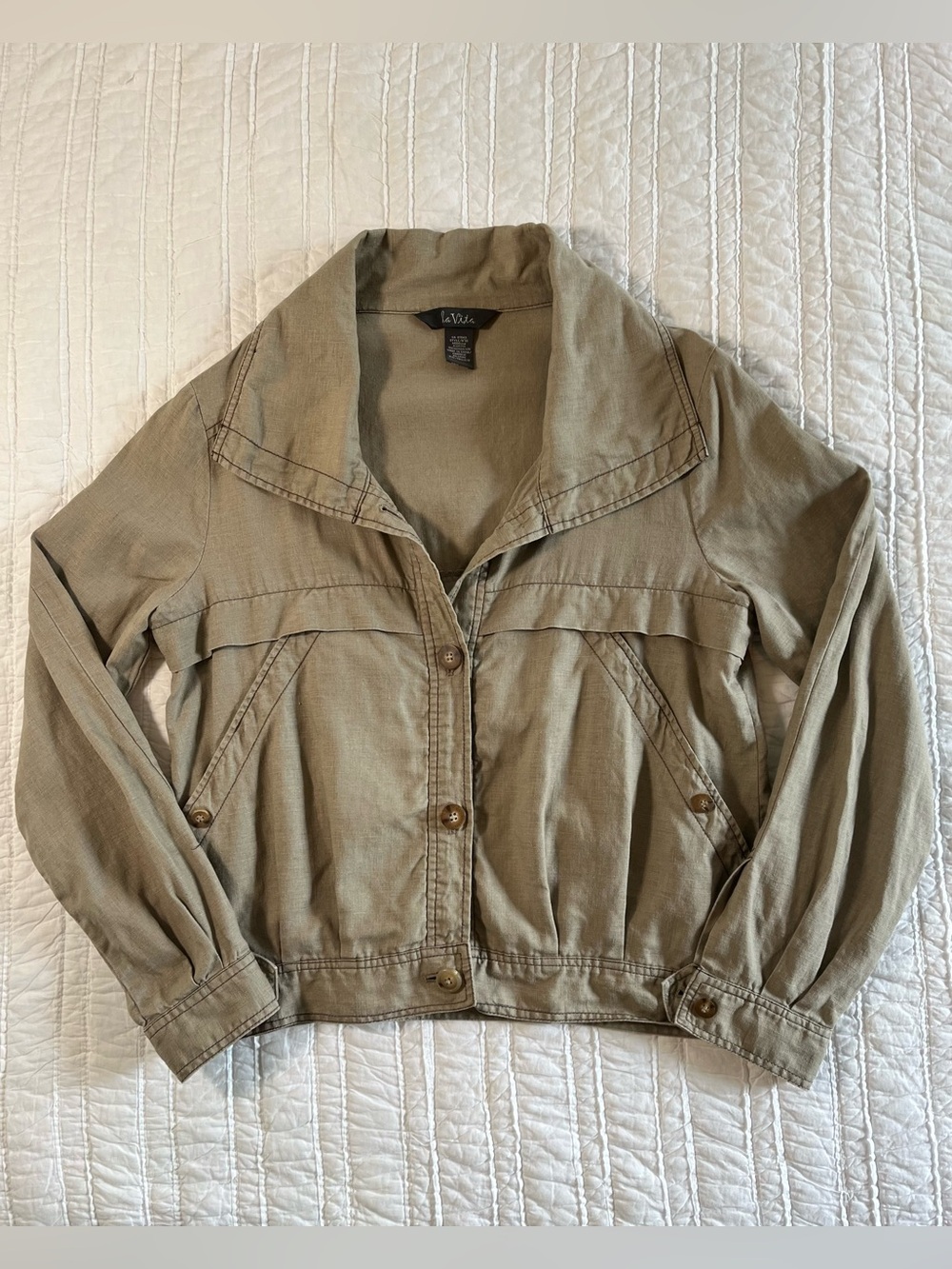 La Vita 100% Linen Utility Button Jacket Green Khaki Size 10